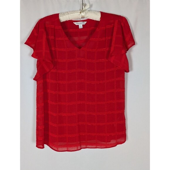 Counterparts Blouse S Women's Red Vneck Windowpane Pattern Sheer Flutter Sleeve - Picture 1 of 5